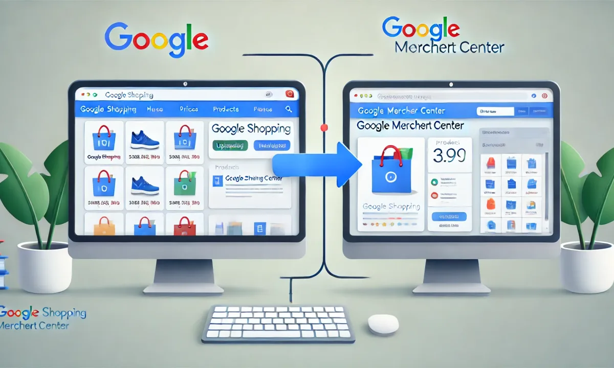 Ilustración comparativa entre Google Shopping y Google Merchant Center, mostrando sus funciones y cómo se conectan para exhibir productos en Google.