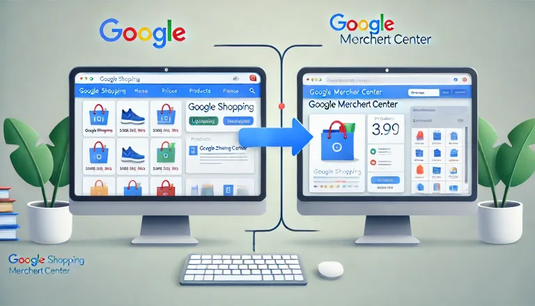Ilustración comparativa entre Google Shopping y Google Merchant Center, mostrando sus funciones y cómo se conectan para exhibir productos en Google.
