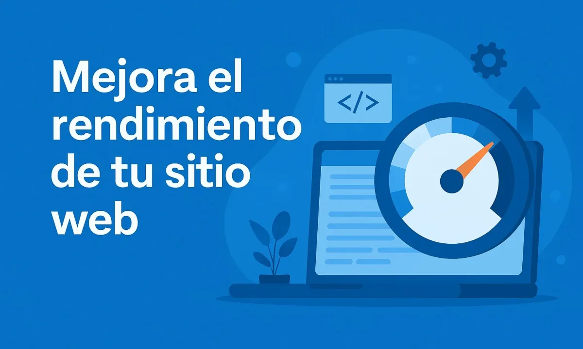 Ilustración con fondo azul mostrando un ordenador portátil, un velocímetro y el texto Mejora el rendimiento de tu sitio web