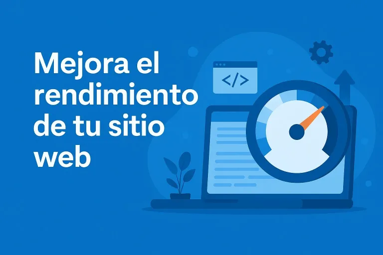 Ilustración con fondo azul mostrando un ordenador portátil, un velocímetro y el texto Mejora el rendimiento de tu sitio web