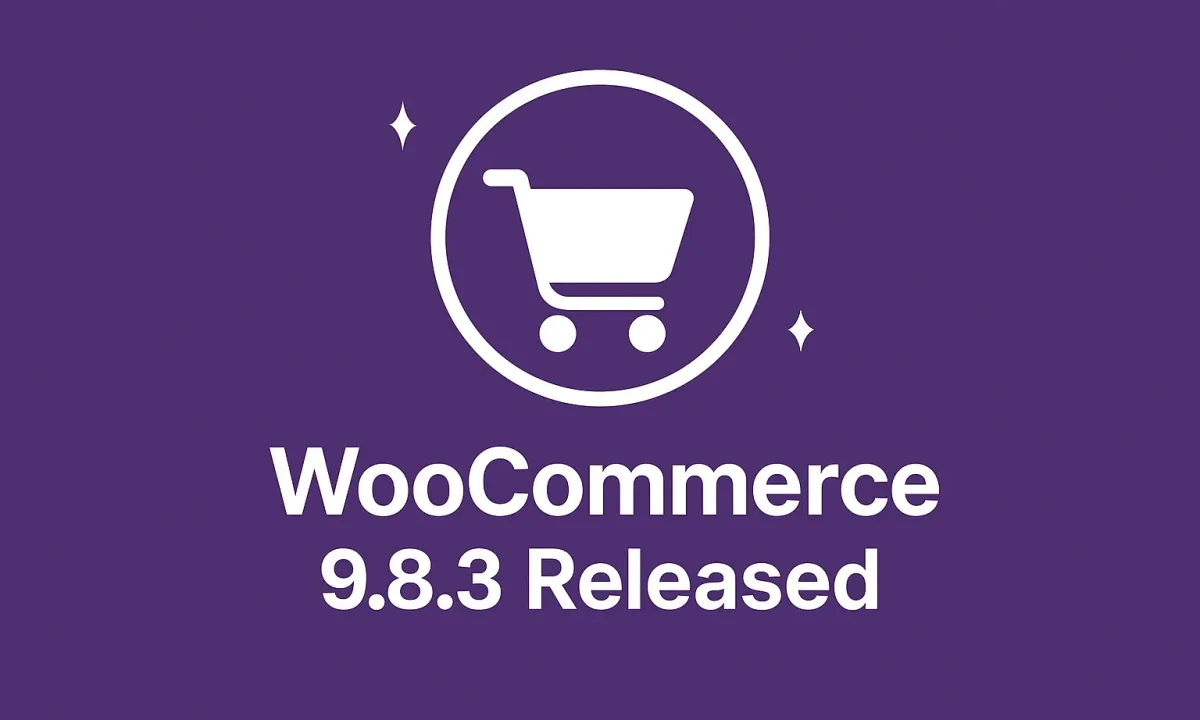Logo de WooCommerce con el texto "WooCommerce 9.8.3 Released" sobre fondo morado, anunciando el lanzamiento de la nueva versión