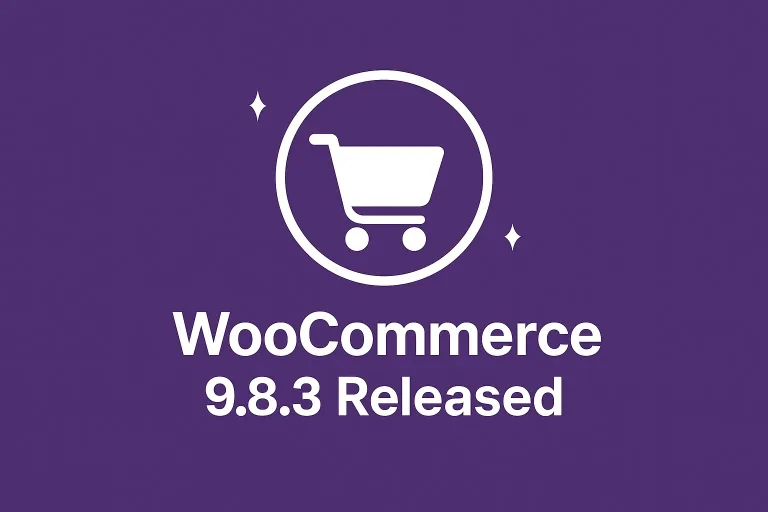 Logo de WooCommerce con el texto "WooCommerce 9.8.3 Released" sobre fondo morado, anunciando el lanzamiento de la nueva versión